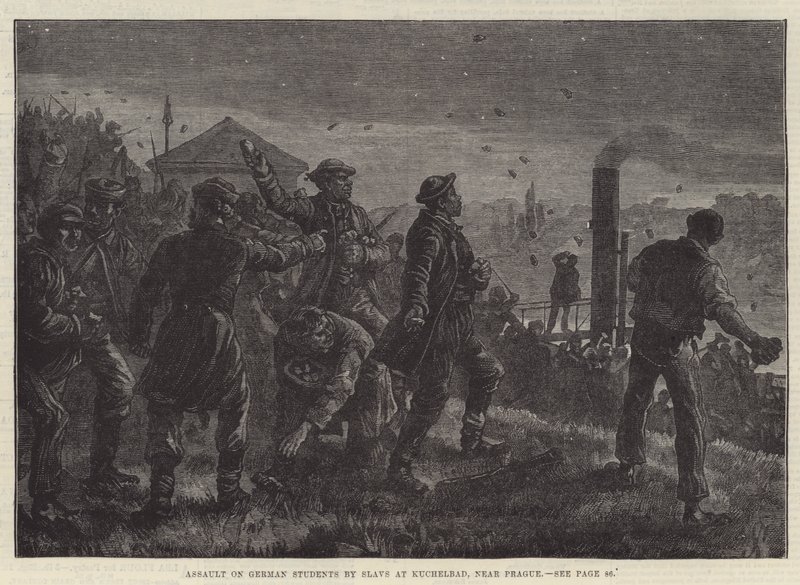 Assalto agli studenti tedeschi da parte degli slavi a Kuchelbad, vicino a Praga (incisione) da Johann Nepomuk (after) Schonberg