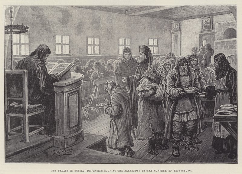La carestia in Russia, distribuzione di zuppa al Convento di Alexander Nevsky, San Pietroburgo da Johann Nepomuk Schonberg