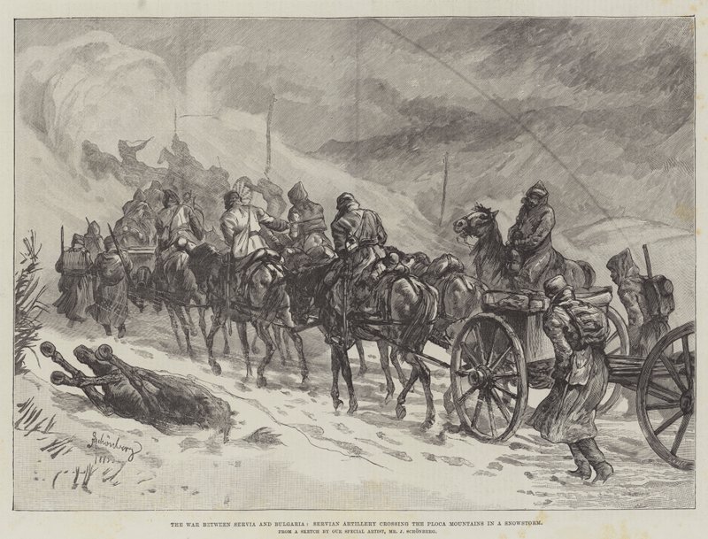 La guerra tra Serbia e Bulgaria, artiglieria serba che attraversa i monti Ploca durante una tempesta di neve da Johann Nepomuk Schonberg