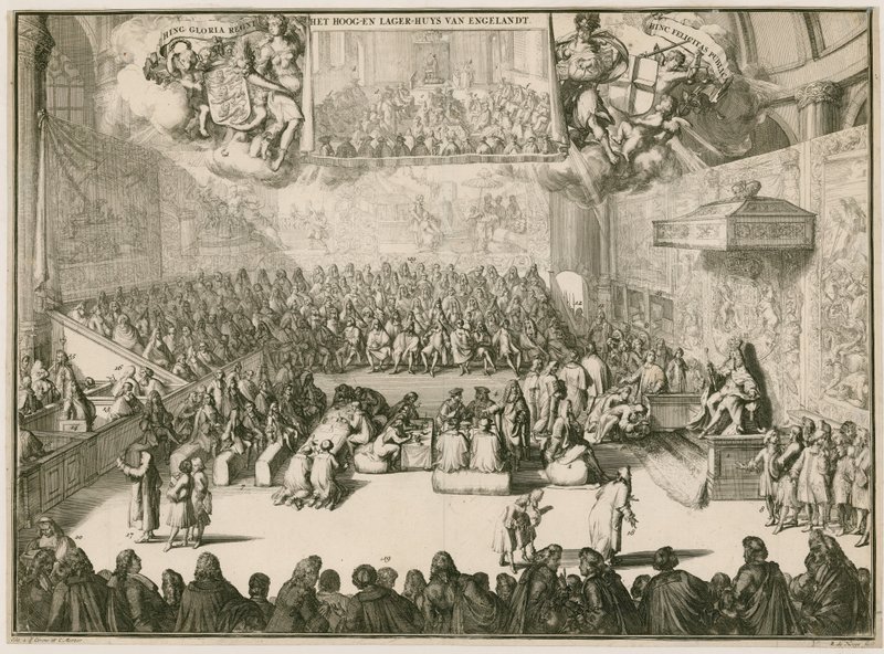 Una sessione alla Camera dei Comuni con Giorgio II sul trono da Johannes and Mortier, Cornelis Covens