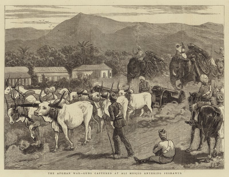 La guerra afgana, cannoni catturati ad Ali Musjid che entrano a Peshawar da John Charles Dollman