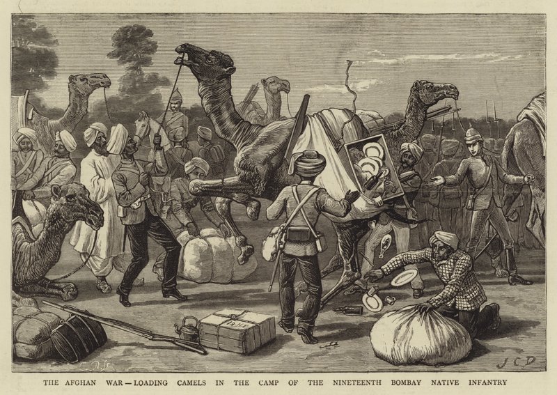 La guerra afgana, carico di cammelli nel campo della diciannovesima fanteria nativa di Bombay da John Charles Dollman