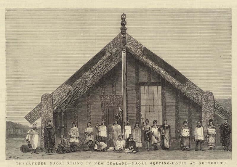 Minaccia di rivolta Maori in Nuova Zelanda, Casa di Riunione Maori a Ohinemutu da John Charles Dollman