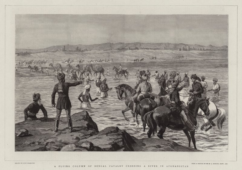 Una colonna volante di cavalleria del Bengala che attraversa un fiume in Afghanistan da John Charlton