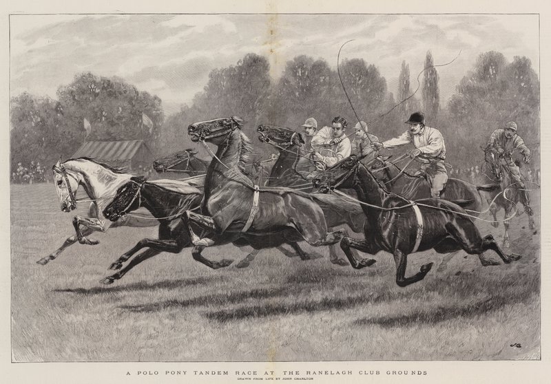 Una corsa in tandem di pony da polo nei terreni del Ranelagh Club da John Charlton