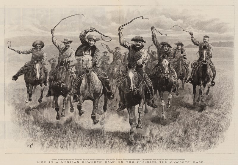 Vita in un campo di cowboy messicani nelle praterie, la corsa dei cowboy da John Charlton