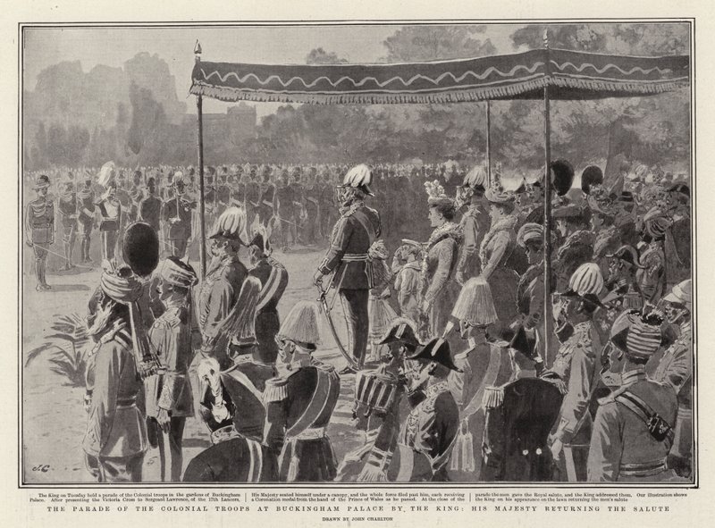 La parata delle truppe coloniali a Buckingham Palace dal Re, Sua Maestà che restituisce il saluto da John Charlton