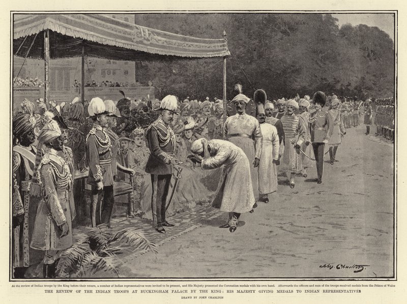 La rassegna delle truppe indiane a Buckingham Palace da parte del re, Sua Maestà che consegna medaglie ai rappresentanti indiani da John Charlton
