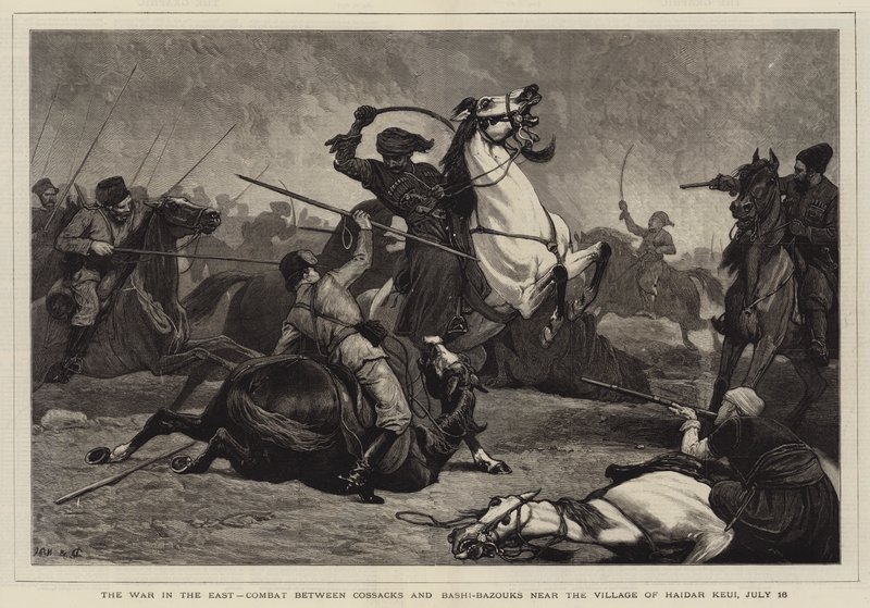 La guerra in Oriente, combattimento tra cosacchi e bashi-bazouk vicino al villaggio di Haidar Keui, 16 luglio da John Charlton