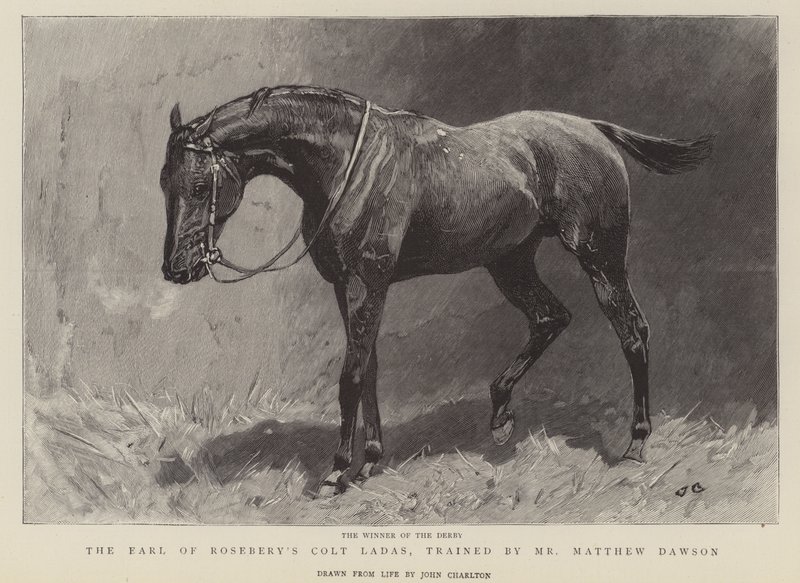Il vincitore del Derby, il puledro Ladas del Conte di Rosebery, addestrato dal signor Matthew Dawson da John Charlton