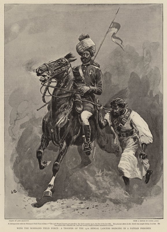 Con la Forza di Campo Mohmand, un cavaliere dei 13° Lancieri del Bengala porta un prigioniero Pathan da John Charlton