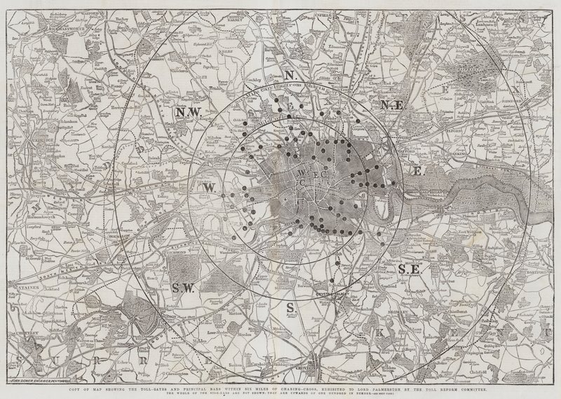 Copia della mappa che mostra i caselli e le principali barriere entro sei miglia da Charing-Cross, esposta a Lord Palmerston dal Comitato per la riforma dei pedaggi da John Dower