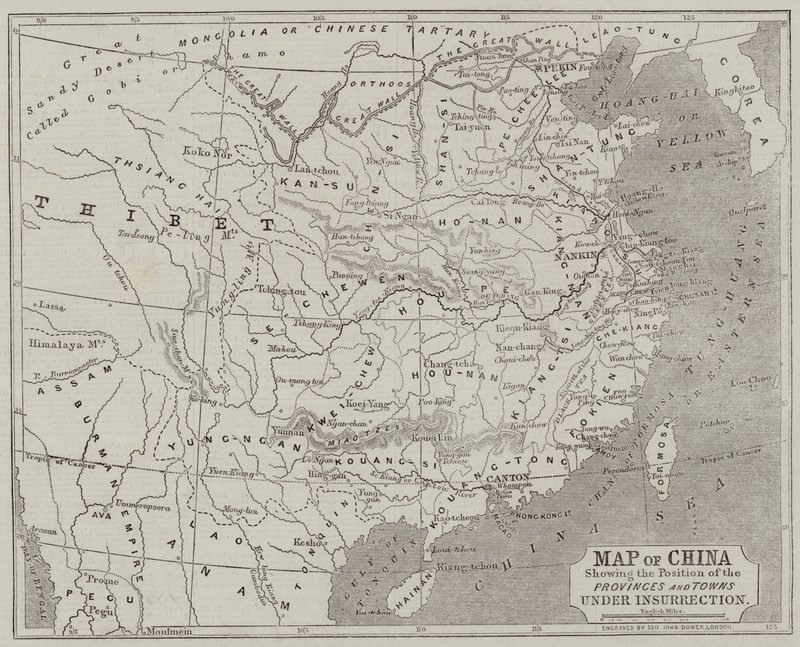 Mappa della Cina che mostra la posizione delle province e delle città in insurrezione da John Dower