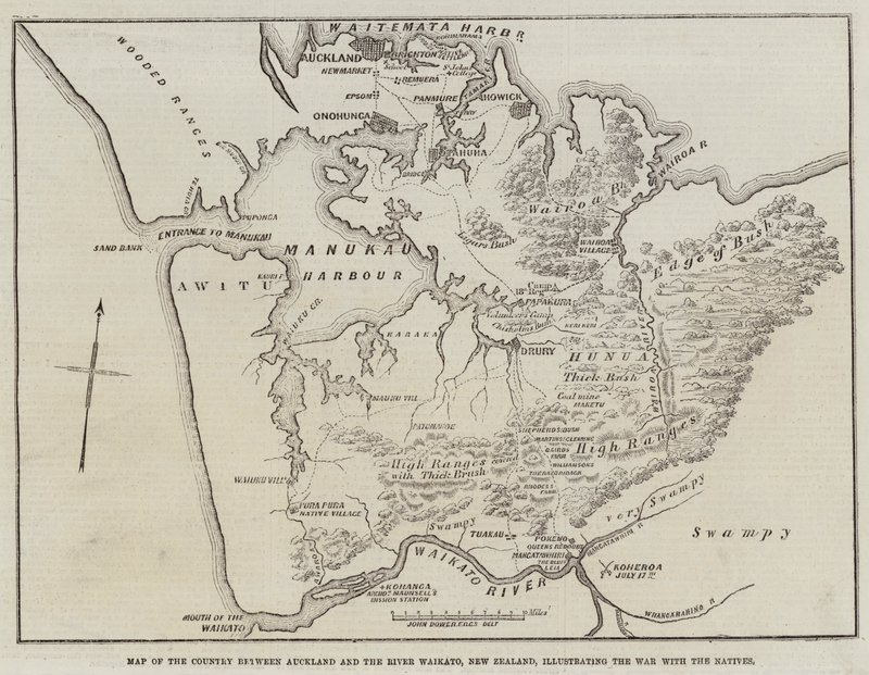 Mappa del paese tra Auckland e il fiume Waikato, Nuova Zelanda, illustrante la guerra con i nativi da John Dower