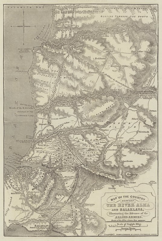 Mappa del paese tra il fiume Alma e Balaklava, che illustra l