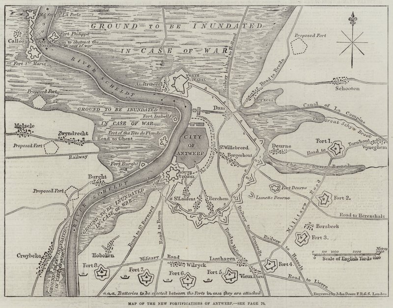 Mappa delle nuove fortificazioni di Anversa da John Dower