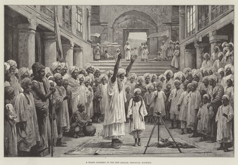 Un incantatore di serpenti nel nuovo bazar, Srinagar, Kashmir da John Edward Goodall