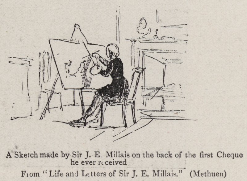 Uno schizzo fatto da Sir J E Millais sul retro del primo assegno che abbia mai ricevuto da John Everett Millais