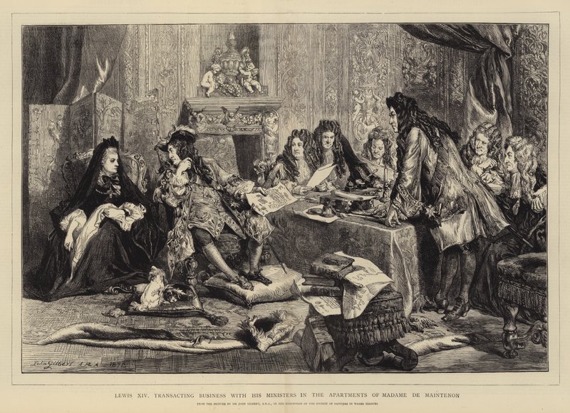 Luigi XIV che tratta affari con i suoi ministri negli appartamenti di Madame de Maintenon da John Gilbert