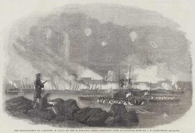 Il Bombardamento di Sveaborg, incendio dei 60 Capannoni per Barche, schizzato da una Roccia Opposta da John Wilson Carmichael