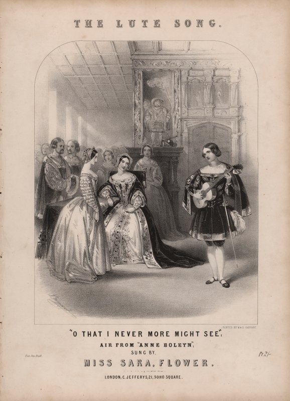 La canzone del liuto da Anna Bolena di Donizetti (litografia a colori) da John (after) Brandard