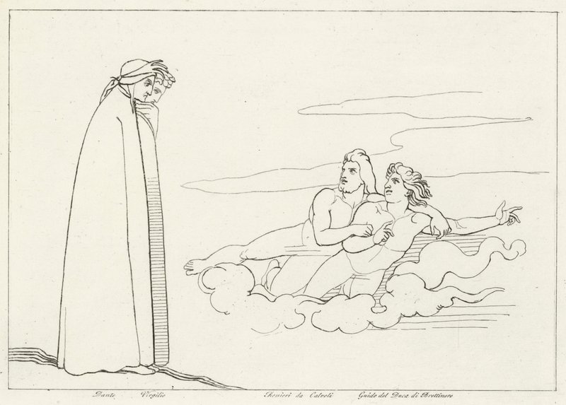 Una conversazione con Guido Di Brettinoro, Purgatorio, Canto 14 (incisione) da John (after) Flaxman