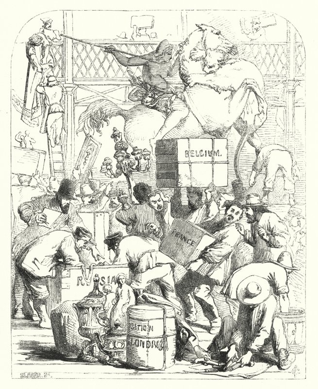 Arrivo delle merci da esporre alla Grande Esposizione del 1851, Crystal Palace, Hyde Park, Londra (incisione) da John (after) Gilbert