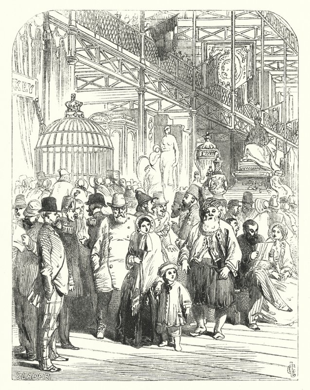 Espositori e visitatori nel Crystal Palace, Hyde Park, Londra, sede della Grande Esposizione del 1851 (incisione) da John (after) Gilbert