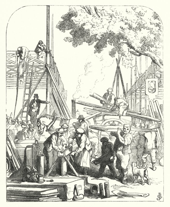 Operai sul sito del Crystal Palace, Hyde Park, Londra, sede della Grande Esposizione del 1851 da John (after) Gilbert