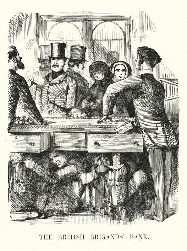Cartone animato Punch: La Banca dei Briganti Britannici - corruzione bancaria e il crollo della Royal British Bank da John (after) Leech