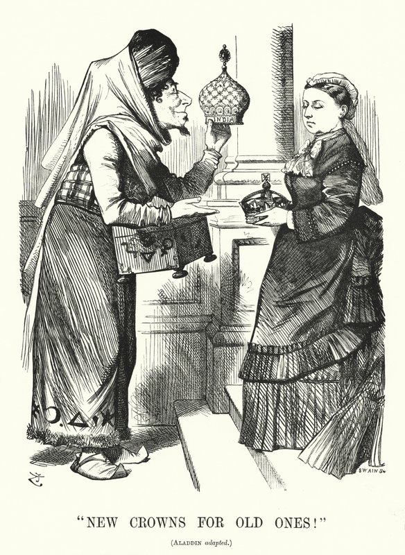 Cartone animato di Punch: Nuove Corone per Vecchie. Benjamin Disraeli (come Aladino) con la Regina Vittoria - il Royal Titles Act 1876 che riconosce la Regina come Imperatrice dell