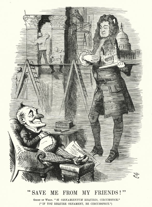 Cartone animato Punch: Salvami dai miei amici - il fantasma di Sir Christopher Wren e la decorazione della Cattedrale di St Paul, Londra da John (after) Tenniel