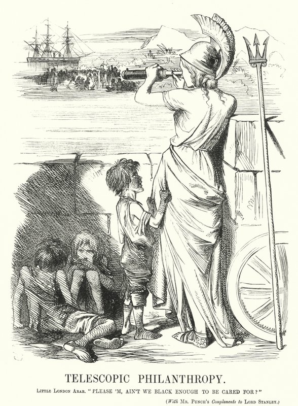 Cartone animato di Punch: Filantropia Telescopica - la preoccupazione delle classi medie vittoriane per l