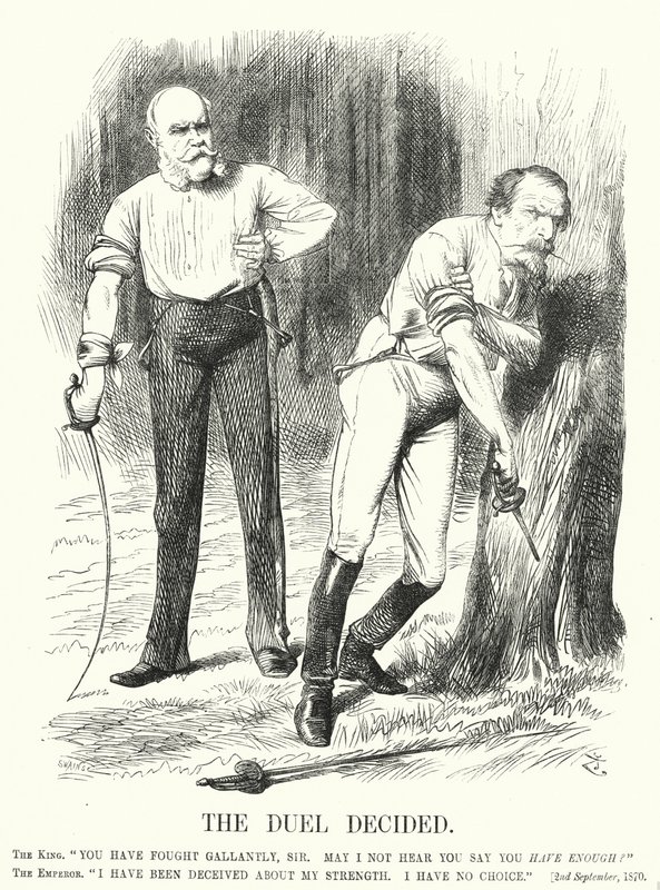 Cartone animato di Punch: Il duello deciso - la sconfitta della Francia nella guerra franco-prussiana da John (after) Tenniel