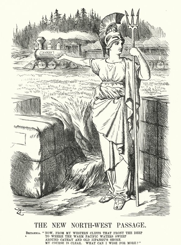 Vignetta di Punch: Il Nuovo Passaggio a Nord-Ovest - la Canadian Pacific Railway (incisione) da John (after) Tenniel