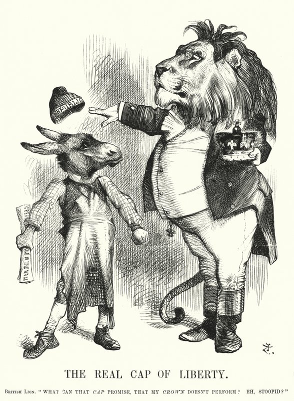 Cartone animato Punch: Il vero cappello della libertà - la superiorità della monarchia costituzionale britannica sul repubblicanesimo (incisione) da John (after) Tenniel