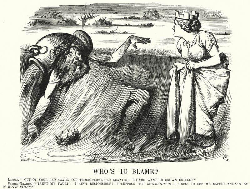 Chi è da incolpare? - richiami ad agire per prevenire le inondazioni del Tamigi a Londra (incisione) da John (after) Tenniel