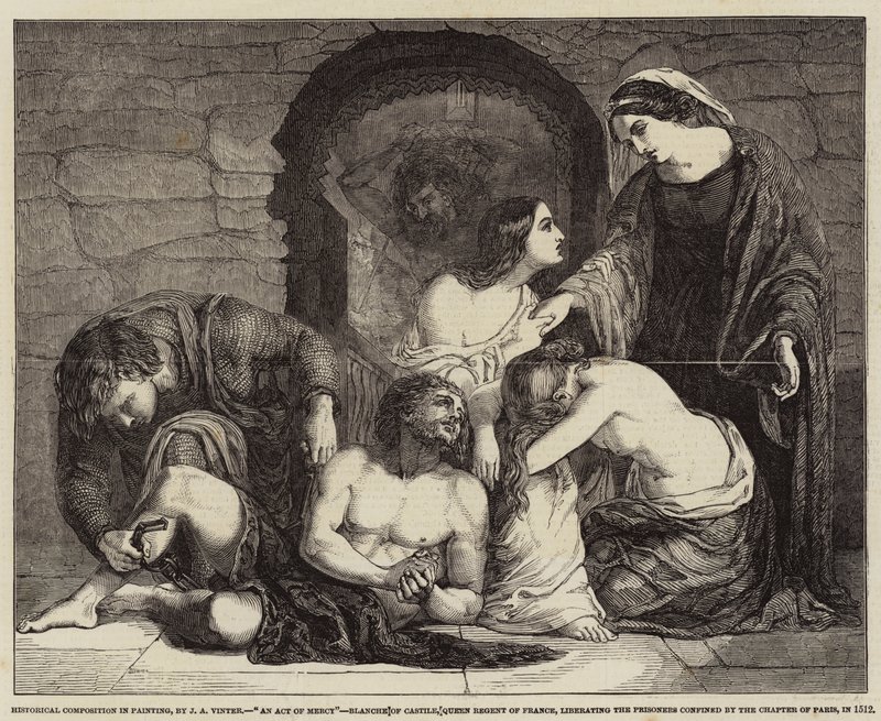 Composizione storica in pittura, Un atto di misericordia, Bianca di Castiglia, Regina Reggente di Francia, che libera i prigionieri confinati dal Capitolo di Parigi, nel 1512 da John Alfred Vintner
