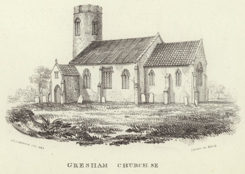 Chiesa di Tutti i Santi nel villaggio di Gresham da John Berney Ladbrooke