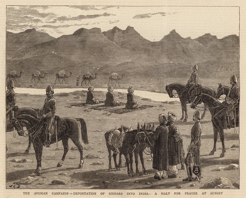 La campagna afgana, deportazione dei Sirdar in India, una sosta per la preghiera al tramonto da John Charles Dollman