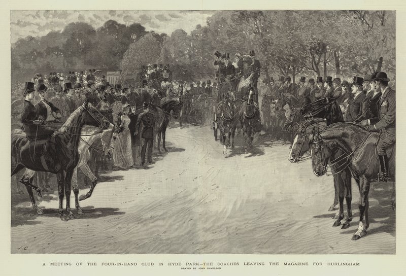 Un incontro del Four-in-Hand Club a Hyde Park, le carrozze che lasciano il Magazine per Hurlingham da John Charlton