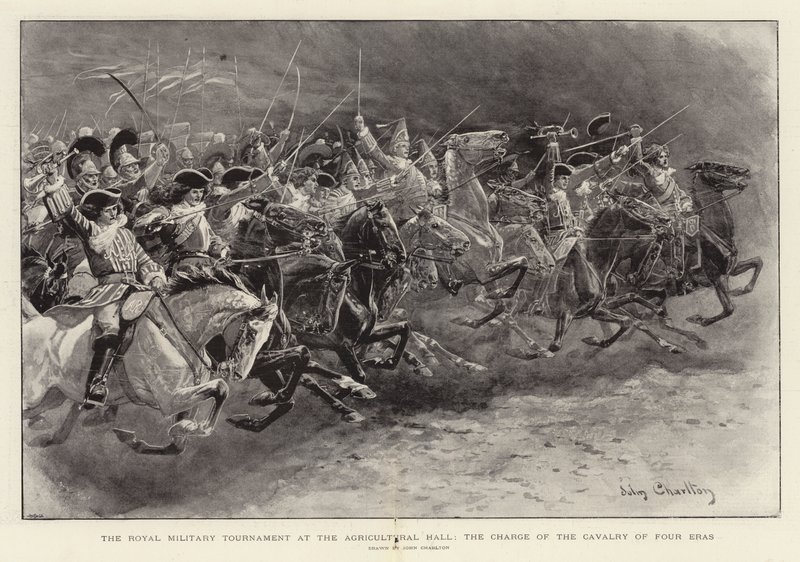 Il torneo militare reale alla Agricultural Hall, la carica della cavalleria di quattro epoche da John Charlton