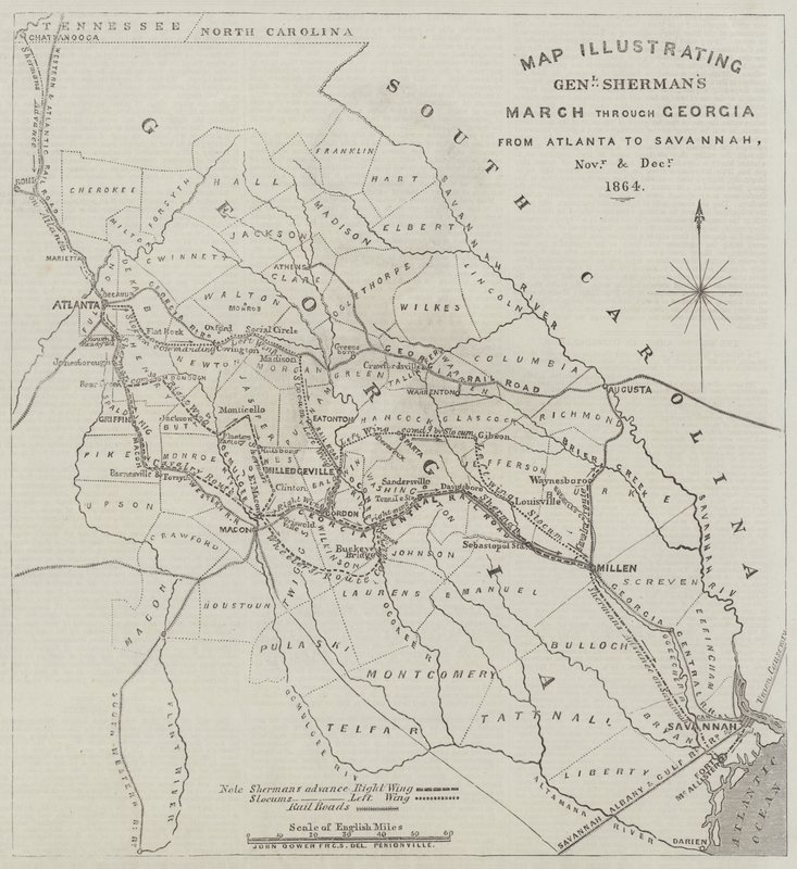 Mappa che illustra la Marcia del Generale Sherman attraverso la Georgia da Atlanta a Savannah, Novembre e Dicembre 1864 da John Dower