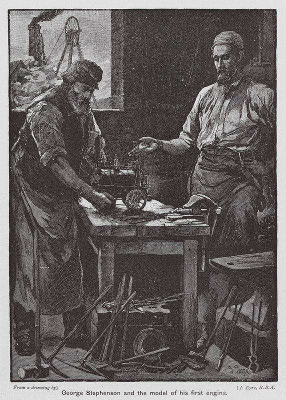 George Stephenson e il modello della sua prima locomotiva da John Eyre