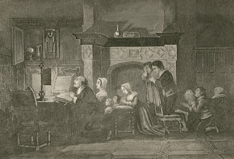 Il droghiere e la sua famiglia in preghiera da John Franklin