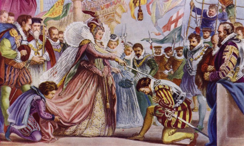 La regina Elisabetta I nomina cavaliere Sir Francis Drake a bordo della sua nave, il Golden Hind, Deptford, 1581 da John Gilbert