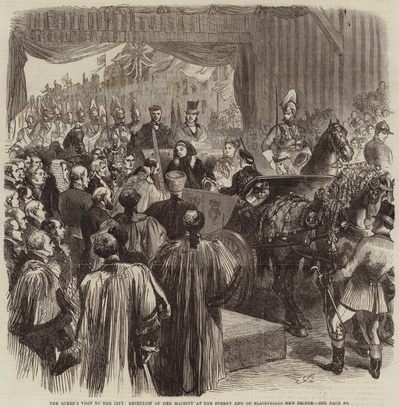 La visita della regina alla città, ricevimento di Sua Maestà alla fine del Surrey del nuovo ponte di Blackfriars da John Gilbert