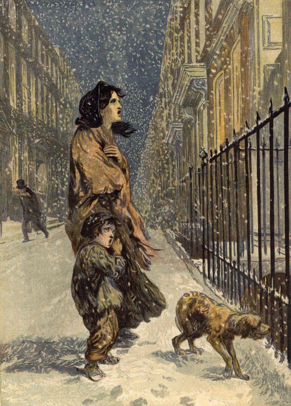 I poveri senza tetto, madre e figlio con cane nella neve da John Gilbert