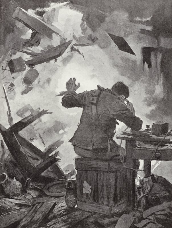 Bombardiere W H French che finisce il suo messaggio dopo che un proiettile era entrato nella stanza in cui stava telefonando, Helpegarde, Prima Guerra Mondiale da John Harris Valda