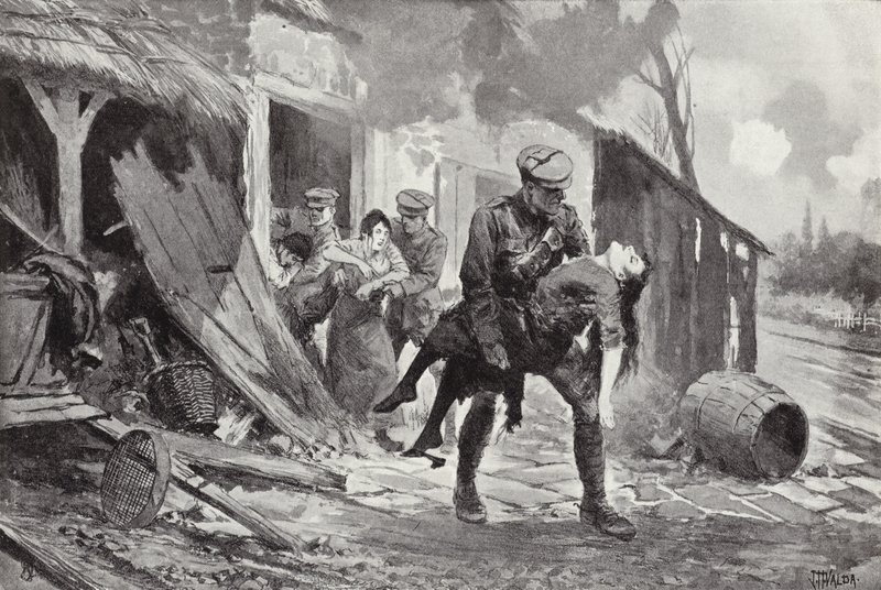 Il cannoniere J Rafferty che porta in salvo una donna ferita da una fattoria sotto bombardamento, Prima Guerra Mondiale da John Harris Valda